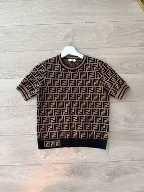 Fendi Brown & Black FF Logo Knit Crewneck Sweater